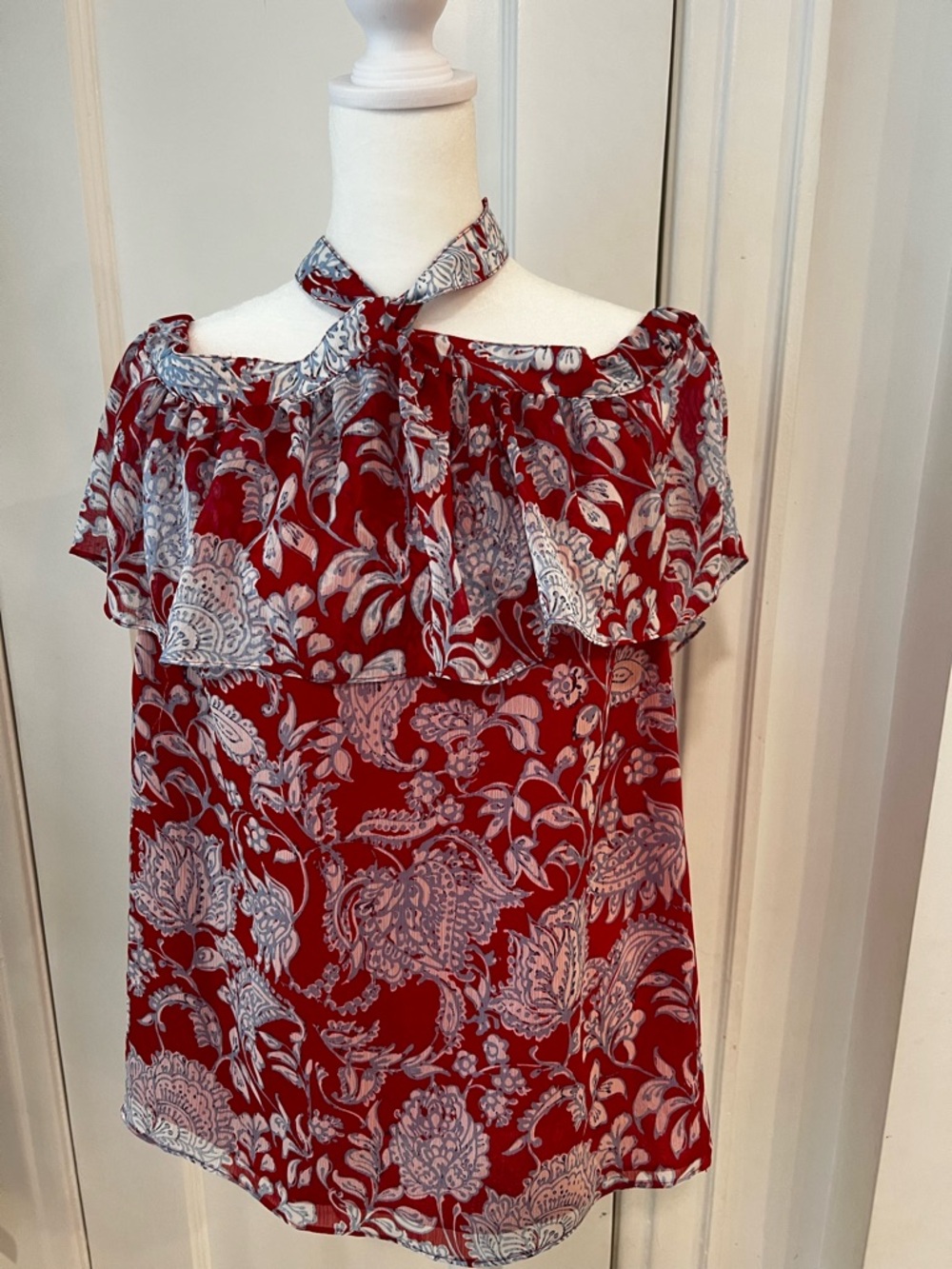 Tommy Hilfiger Red Floral Off-Shoulder Tie-Neck Blouse